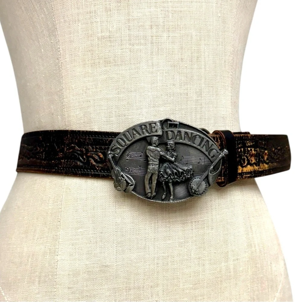 Vintage Siskiyou Black Distressed Leather Belt with Pewter Square Dancing Buckle